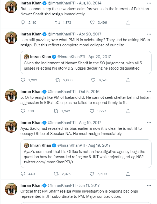 PM Imran Khans tweets for resignations. — Twitter