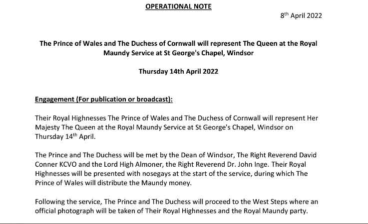 Queen Elizabeth wants Charles and Camilla to represent her at royal event on April 14