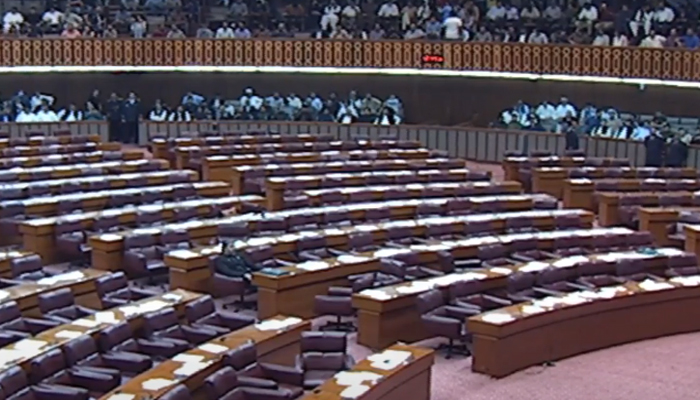 An overview of empty treasury benches in the National Assembly in Islamabad, on April 10, 2022. — YouTube/PTVParliament