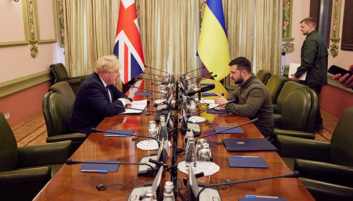 Ukraines President Volodymyr Zelenskiy and British Prime Minister Boris Johnson attend a meeting, as Russias attack on Ukraine continues, in Kyiv, Ukraine April 9, 2022. — Reuters