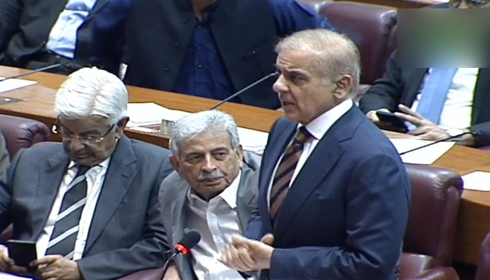 PML-N President Shahbaz Sharif speaking during the session of the National Assembly. — Screengrab via YouTube/PTV Live