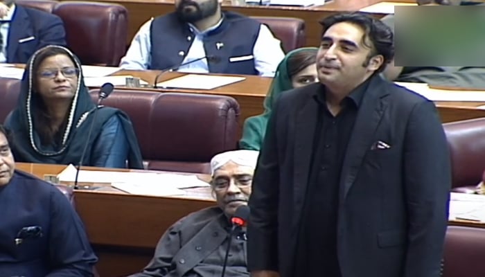 PPP Chairman Bilawal Bhutto-Zardari speaking during the National Assembly session. — Screengrab via YouTube/PTV Live
