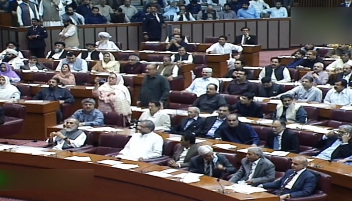 Members of the Parliament from the Opposition sitting in the National Assembly, waiting to vote for PTI chief Imran Khans ouster. — Screengrab via YouYube/ PTV Live