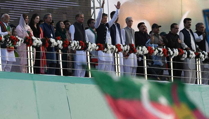 Imran Khan along with other PTI leaders at Parade Ground during March 27 jalsa. — AFP/File