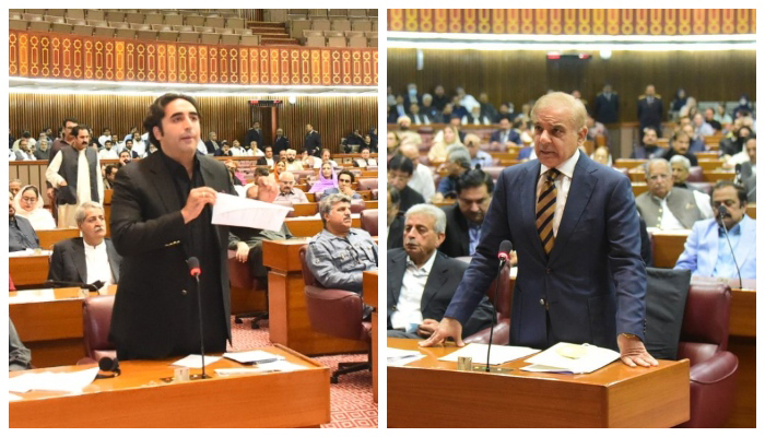 (L to R) PPP Chairman Bilawal Bhutto-Zardari and PML-N President Shahbaz Sharif addressing on the floor of the National Assembly in Islamabad, on April 10, 2022. — Twitter/NAofPakistan