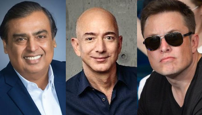 (Left to Right) Mukesh Ambani, Jeff Bezos and Elon Musk. Photo— Twitter