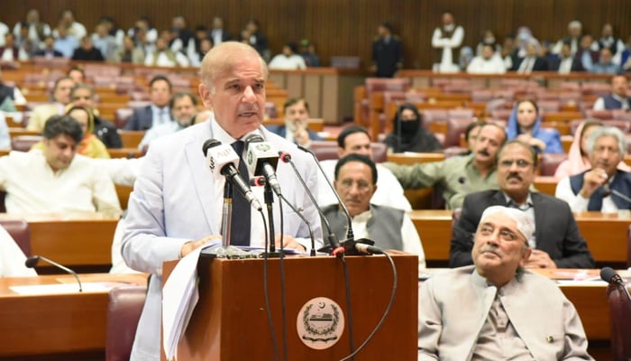 Newly-elected Prime Minister Shehbaz Sharif delivers his first speech at the National Assembly in Islamabad, on April 11, 2022. — PID