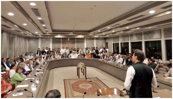 Chairman PTI ⁦‪Imran Khan‬⁩ addressing the parliamentary party meeting at the Parliament House Islamabad. — Instagram/ PTI Official