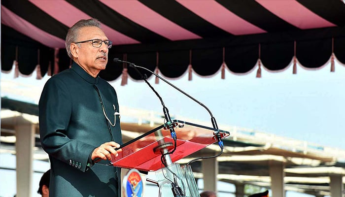 President Dr Arif Alvi addresses the Pakistan Day Parade ceremony at Shakarparian Parade Ground in Islamabad, on March 23, 2022. — APP