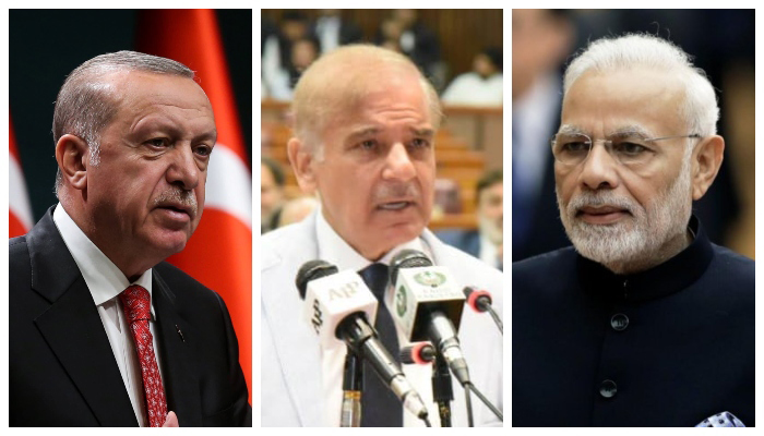 (L to R) Turkish President Recep Tayyip Erdogan, Prime Minister Shehbaz Sharif, and Indian Prime Minister Narendra Modi. — AFP/PID