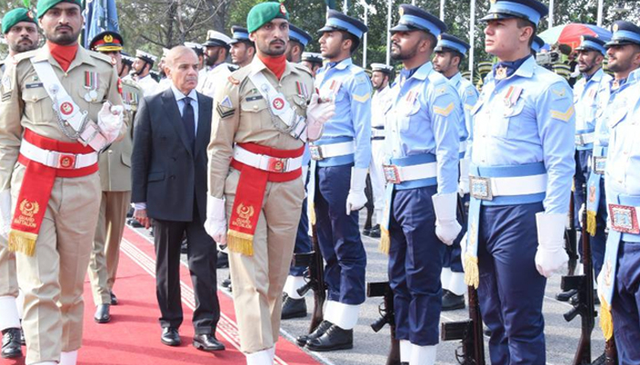 Prime Minister Muhammad Shehbaz Sharif receives guard of honour at PM House on April 12, 2022. — Twitter/pmln_org