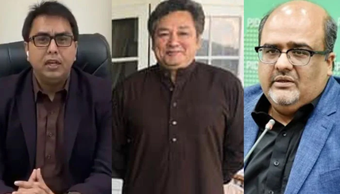 (Left to right) Ex-special assistant to PM on political communication Shahbaz Gill, PMs former principal secretary Azam Khan and ex-adviser to PM on interior and accountability Shahzad Akbar. — Twitter/Facebook/File