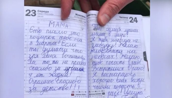 The letter from a 9-year-old girl to her mom who died in Borodianka. Screengrab from Twitter