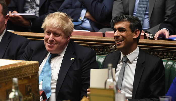 British Prime Minister Boris Johnson and Chancellor of the Exchequer Rishi Sunak react at a statement on the economic update session, at the House of Commons in London, Britain March 23, 2022. — Reuters