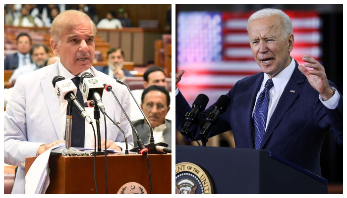 This handout photograph released by the Press Information Department (PID) on April 11, 2022 shows Pakistans newly elected Prime Minister Shehbaz Sharif addressing the National Assembly in Islamabad (left) and US President Joe Biden speaks about his $2 trillion infrastructure plan during an event to tout the plan at Carpenters Pittsburgh Training Center in Pittsburgh, Pennsylvania, US, March 31, 2021. — PID/Reuters
