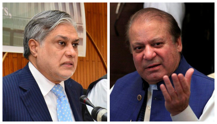 Former finance minister Ishaq Dar speaks while addressing a press conference in Islamabad, on June 6, 2015 (left) andNawaz Sharif, former Prime Minister and leader of PML-N, gestures during a news conference in Islamabad, on May 10, 2018. — PID/Reuters/File