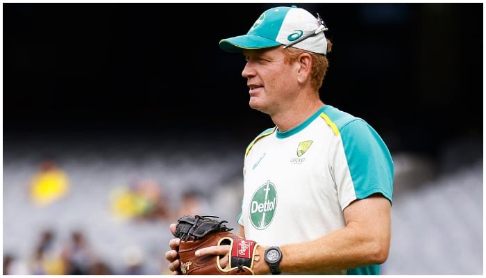 Australia interim head coach Andrew McDonald is seen during warm-up before game five of the T20 International Series between Australia and Sri Lanka at Melbourne Cricket Ground on February 20, 2022. — Cricket Australia