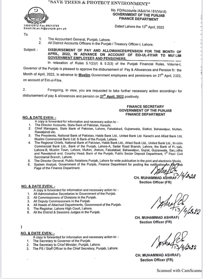 The notification issued by Punjabs finance department in Lahore, on April 13, 2022. — Finance department