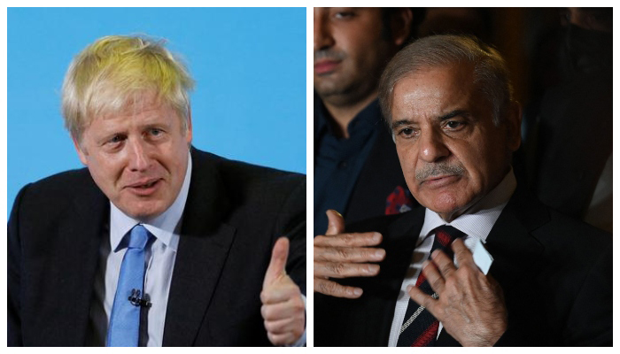 Prime Minister Shehbaz Sharif speaks during a press conference with other parties leaders in Islamabad on April 7, 2022, after a Supreme Court verdict (left) and United Kingdom Prime Minister Boris Johnson attends a hustings event in Colchester, Britain, on July 13, 2019. — AFP/Reuters/File