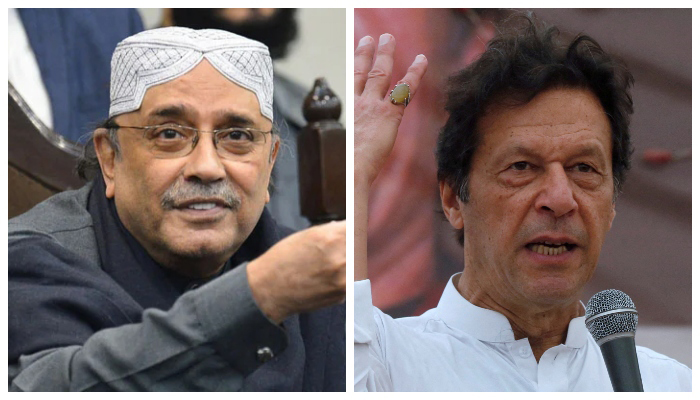 Former president Asif Ali Zardari speaking during a press conference after submitting the no-trust motion against PM Imran Khan, on March 8, 2022 (left) and Imran Khan, chairman of the PTI, gestures while addressing his supporters during a campaign meeting ahead of general elections in Karachi, Pakistan, July 4, 2018. — AFP/Reuters/File