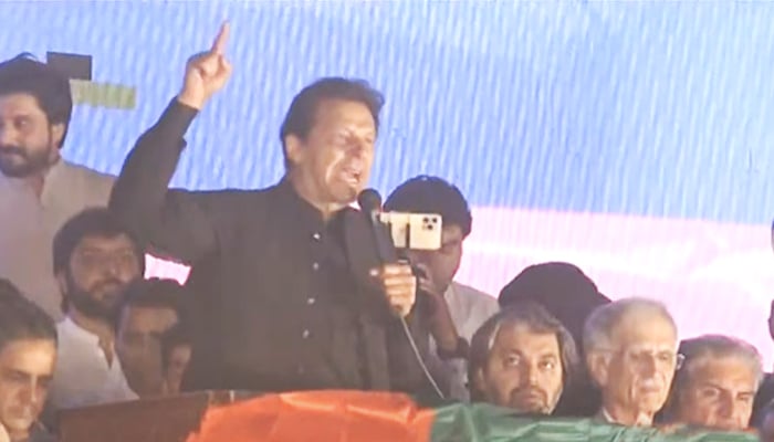 PTI chairman and former prime minister Imran Khan addresses a jalsa in Peshawar, on April 14, 2022. — YouTube/GeoNews