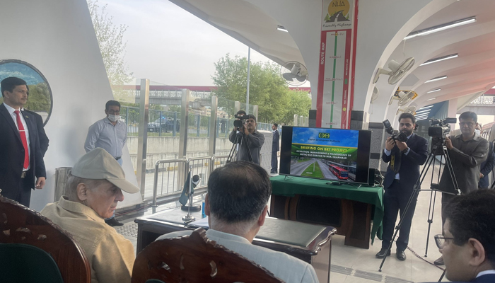 Prime Minister Shehbaz Sharif reviews the on-ground progress of the Islamabad Metro Bus Service project on April 14, 2022. — Twitter/@Marriyum_A