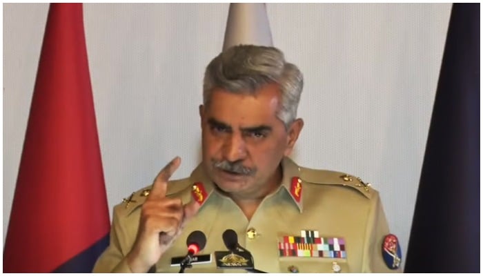 Inter-Services Public Relations (ISPR) Director-General Major General Babar Iftikhar addressing a press conference at the General Headquarters, Rawalpindi, on April 14, 2022. — YouTube/PTVNews