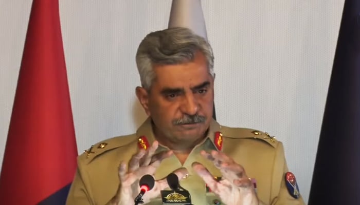 Director-General of the Inter-Services Public Relations (ISPR) Major General Babar Iftikhar speaking during a press conference here on Thursday in Rawalpindi. — Screengrab via YouTube/PTV Live