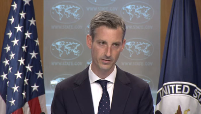 US State Department spokesperson Ned Price speaking during a press briefing. Photo— US State Department YouTube screengrab.