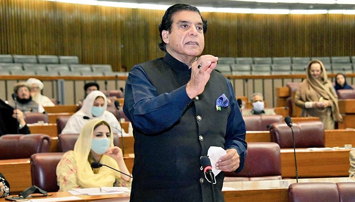 Former prime minister and PPP leader Raja Pervez Ashraf speaking in the National Assembly, on August 2, 2021. — NNI