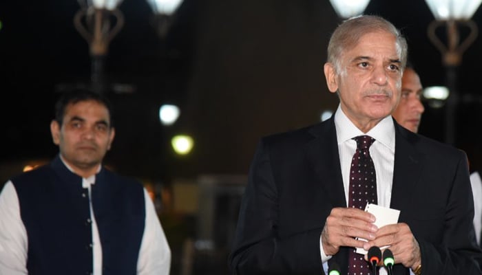 Prime Minister Shehbaz Sharif addressing the dinner of the coalition government leaders at the PM Office in Islamabad, on April 15, 2022. — Twitter/@pmln_org
