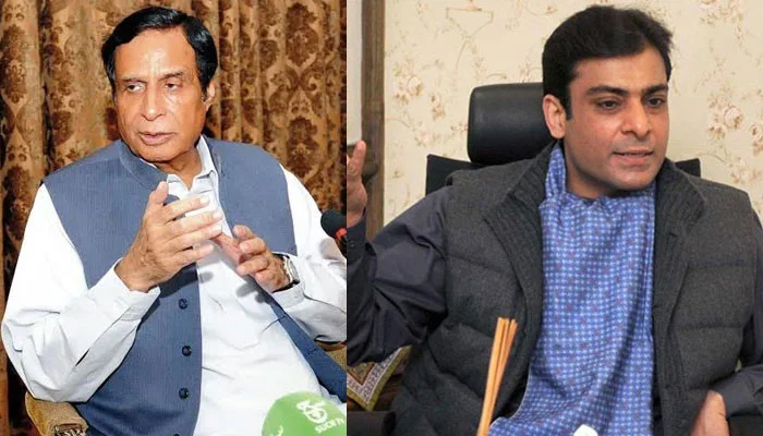 Speaker Punjab Assembly Chaudhry Pervez Elahi (left) and Opposition Leader in the Punjab Assembly Hamza Shahbaz. — Twitter/File