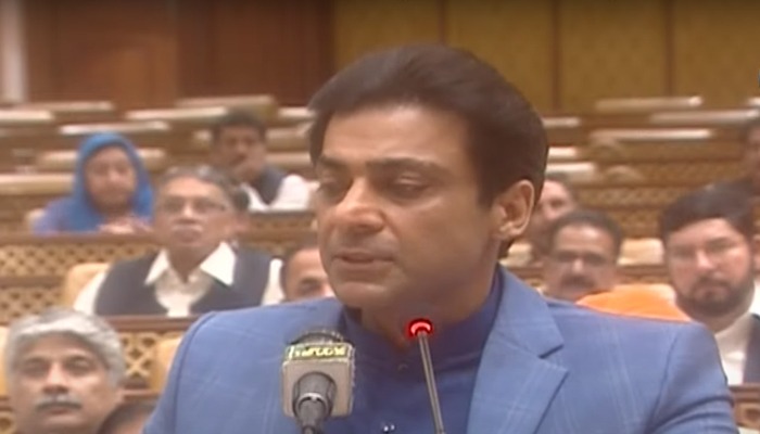 Hamza Shehbaz address the Punjab Assembly after being elected chief minister. — Screengrab/PTV