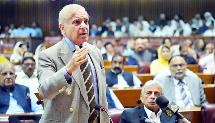 Prime Minister Shehbaz Sharif speaks during a session of the National Assembly in Islamabad, on April 16, 2022. — PID
