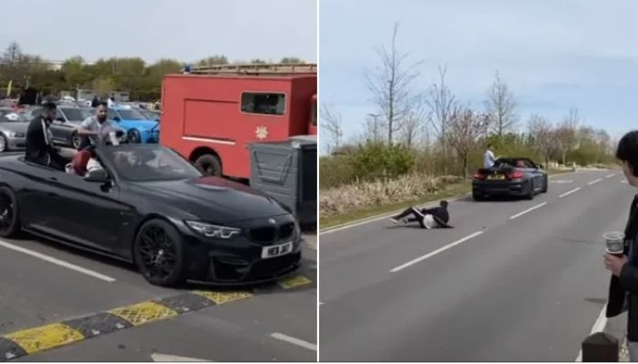 Man falls out of BMW convertible. Screengrab via Youtube/Paul