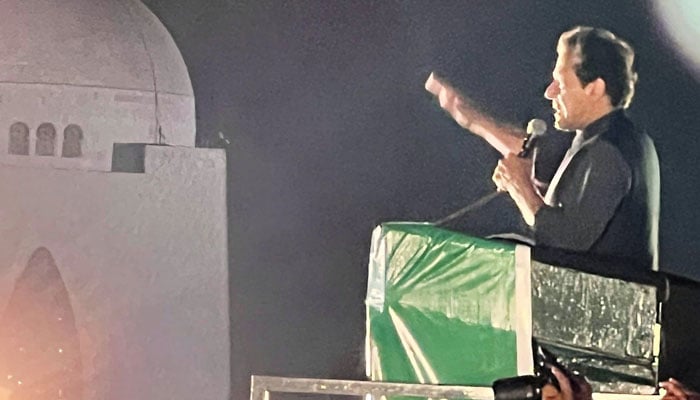 PTI Chairman Imran Khan addressing a jalsa in Karachi on Saturday, April 16, 2022. —Twitter/PTI