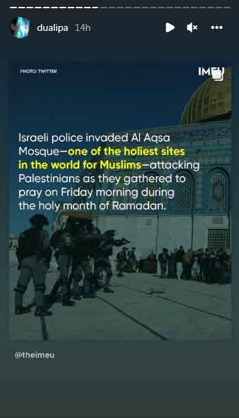 Dua Lipa reacts to attack on Al Aqsa Mosque