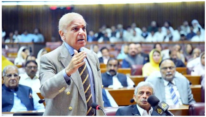Prime Minister Shehbaz Sharif speaks at the floor of the House on Saturday. — APP