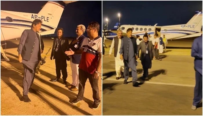PTI Chairman Imran Khan arrives in Karachi via a chartered flight to attend Karachi rally. — Twitter/@TahirImran