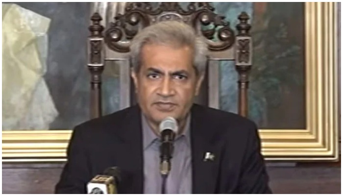 Punjab Governor Omar Sarfraz Cheema addressing a press conference at his official residence. — Screengrab/Geo News Live