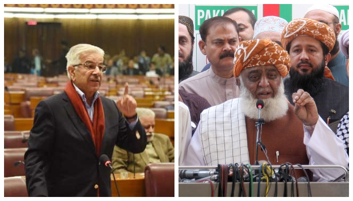 JUI-F chief Maulana Fazlur Rehman (right) and ruling PML-N stalwart Khawaja Muhammad Asif. — Twitter/NAofPakistan/Online/File