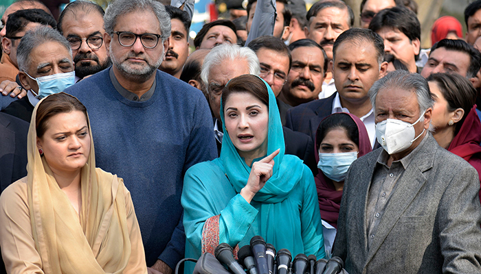 PML-N Vice President Maryam Nawaz addressing a press conference after her hearing at the Islamabad High Court (IHC) in Islamabad, on February 17, 2022. — Online