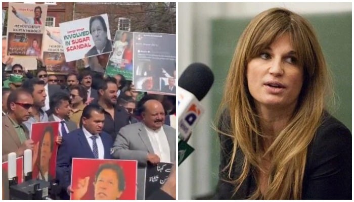 Protesters gathered outside Jemima Goldsmiths mothers residence in Surrey (L); Former wife of Imran Khan Jemima Goldsmith (R). — Twitter