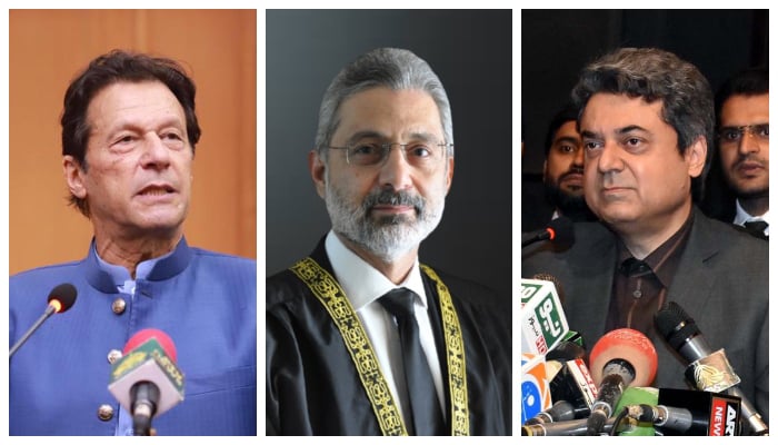 (L to R) Former prime minister Imran Khan, Justice Qazi Faez Isa, ex-law minister Farogh Naseem. — PID/Supreme Courts website/Online/File