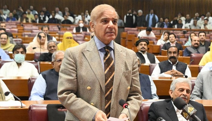 Prime Minister Shehbaz Sharif addressing in National Assembly. Photo— Twitter National Assembly of Pakistan