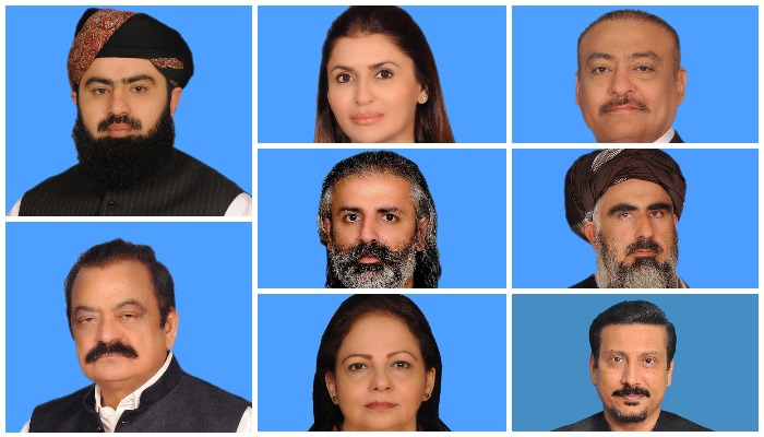 (Column-wise) Asad Mehmood, Rana Sanaullah, Shazia Marri, Shahzain Bugti, Aisha Ghaus Pasha, Abdul Qadir Patel, Mufti Abdus Shakoor and Faisal Sabzwari. — NA of Pakistan website