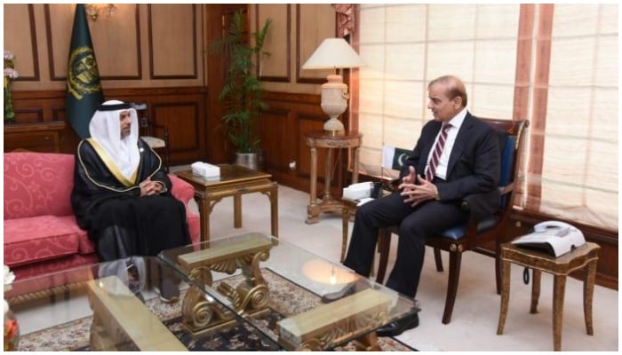 Ambassador of the United Arab Emirates to Pakistan HE Hamad Obaid Ibrahim Salem Al-Zaabi (L) and Prime Minister Shehbaz Sharif. — APP