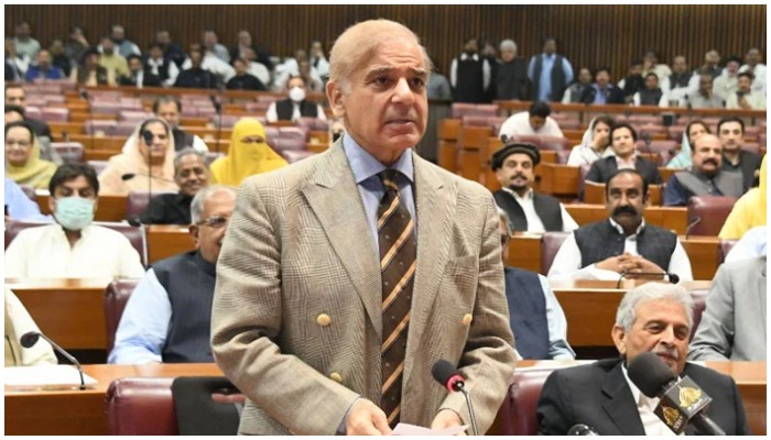 Prime Minister Shehbaz Sharif addressing in National Assembly. Photo— Twitter National Assembly of Pakistan