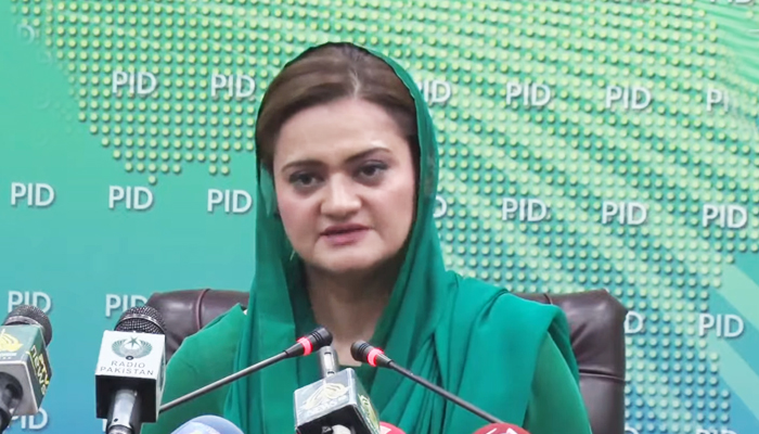 Newly elected Information Minister Marriyum Aurangzeb talking to journalists at the Press Information Department in Islamabad, on April 19, 2022. — YouTube/PTVNews