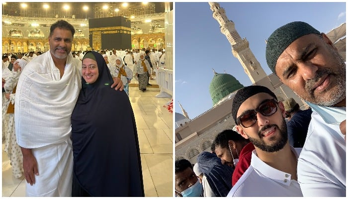 Waqar Younis poses for pictures with his wife and son at Umrah. — Twitter/waqyounis99